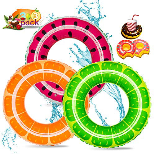 Donut Pool Toys for Kids & Adult 6 Pack with Drink Holder Summer Beach Toys MeCids Inflatable Pool Floats Fruit Swimming Rings Pool Tubes 