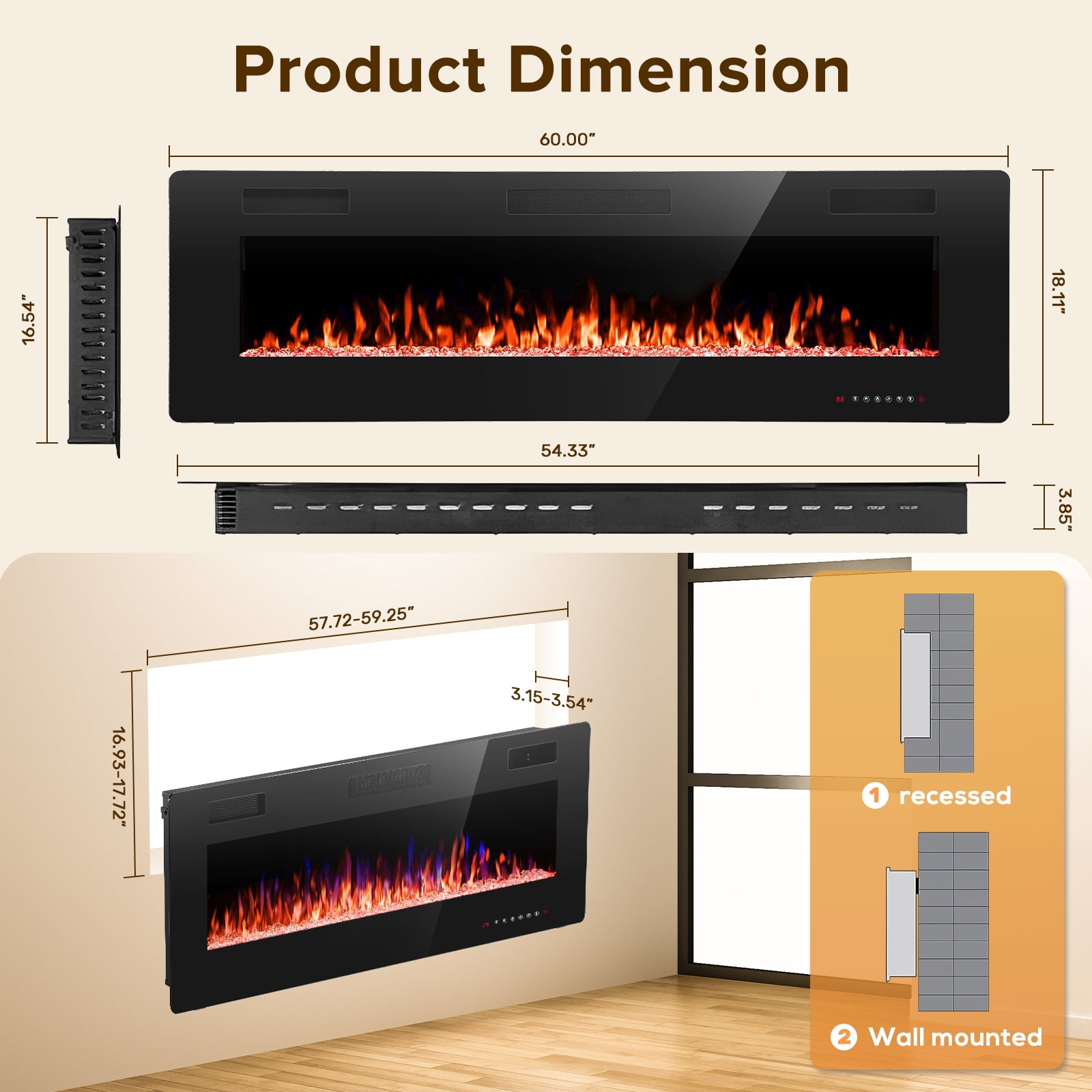 KISSAIR 60 inch Embedded Wall Mounted Indoor Fireplace, Ultra-thin Low Noise Lightweight LED Fireplace Heater, Touch Screen, Timer, 1500W, Adjustable Flame Color and Speed, Black