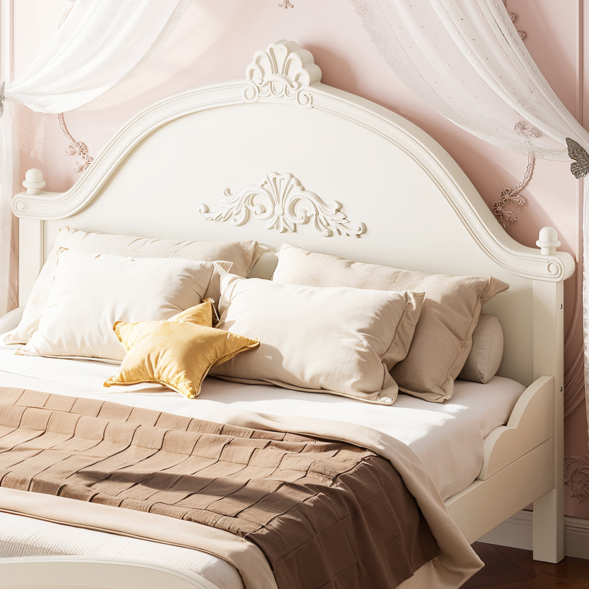 GARITIN Full Vintage Carved Platform Bed with Headboard, Solid Wood Bed Frame with Slatted Support, Low Profile Platform Bed, No Box Spring Needed, Beige