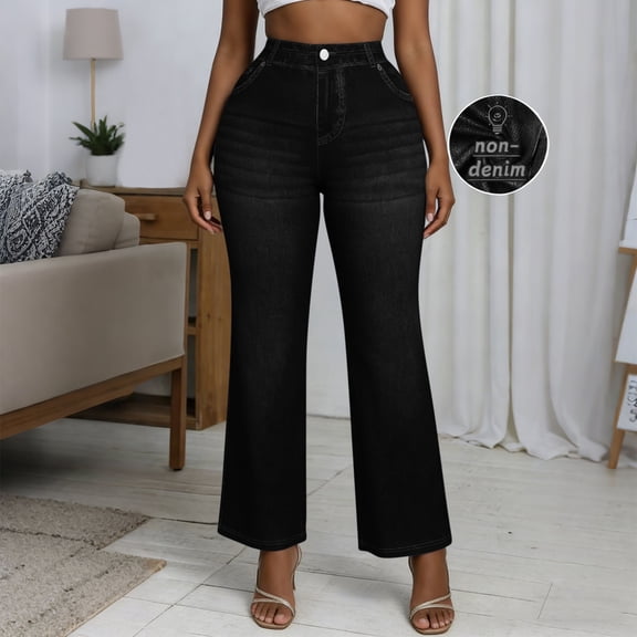 Kinrui Womens Flare Pants Faux Jeans Stretchy High Rise Bootcut Denim Pants Black L