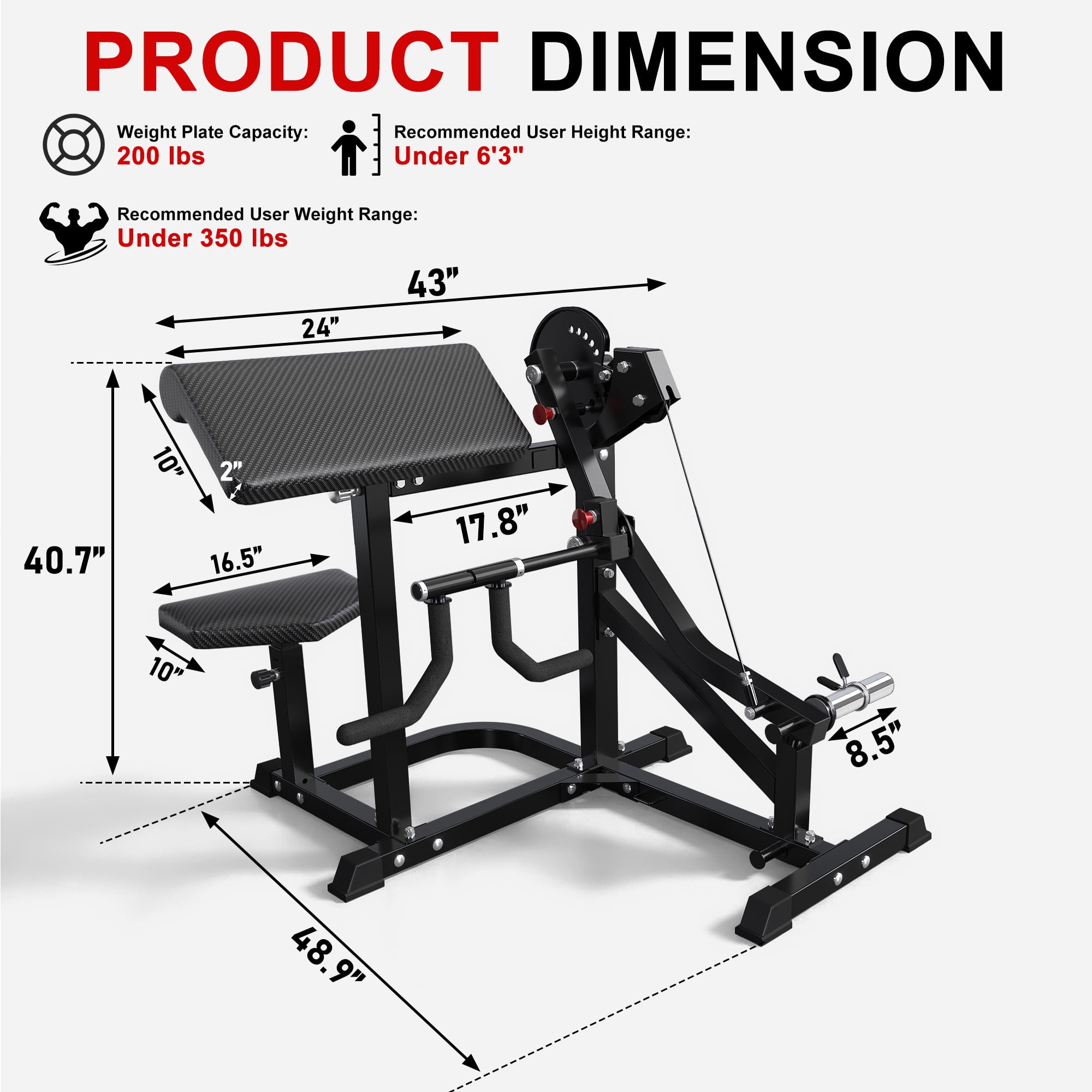 Hlivelood Bicep Tricep Curl Machine, 350LBS Plate Loaded Bicep Curls and Tricep Extension Machine w/ Smooth Cable Pulley System, Adjustable Preacher Curl Bench for Home Gym, Fits 1" & 2" Plates