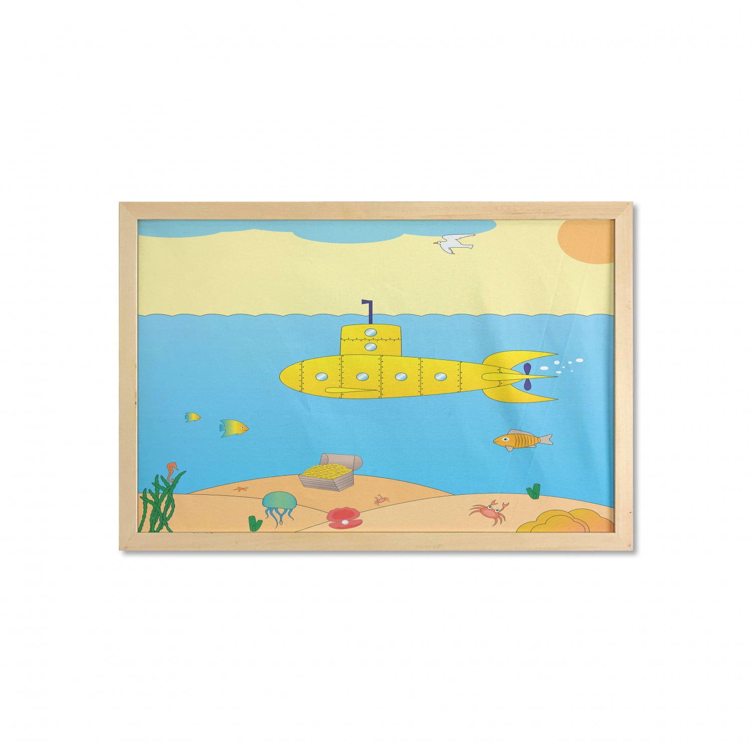 Yellow Submarine Wall Art with Frame, Cartoon Under Sea Adventure