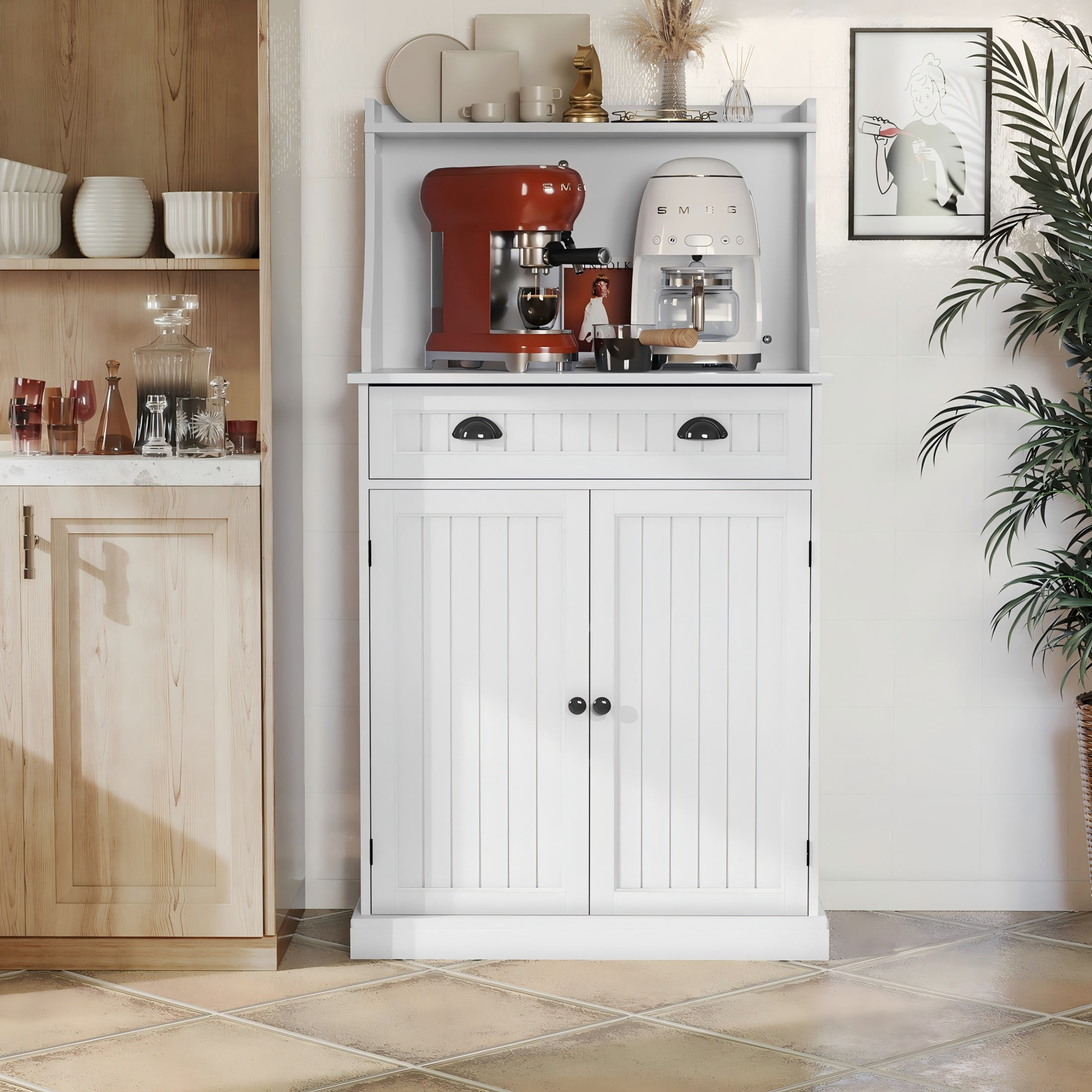 HLR Farmhouse Kitchen Pantry Cabinet with Microwave Stand, 54" Coffee Bar Storage Cabinet,  White