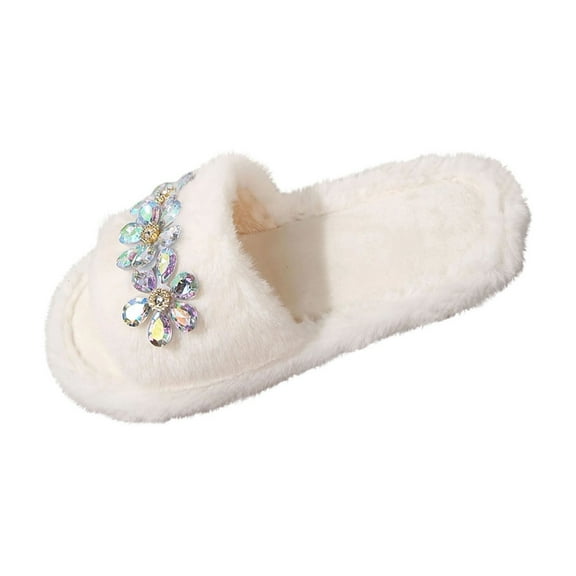 Xfvqtps Women Fluffy Slippers Rhinestone Decor Open Toe Non-Slip Warm Comfortable Winter Indoor Home Plush Slippers White