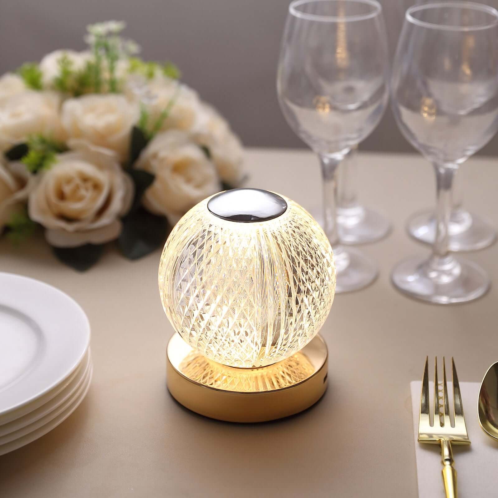 Efavormart 5" Diamond Cut Crystal Ball Dimmable LED Table Lamp With Touch Control, Cordless Rechargeable Decorative Night Light