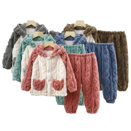 

Godderr 2Pcs Kids Baby Winter Fleece Hooded Pajamas Pjs Outfit for Boys Girls 1-10Y Toddler Winter Pj Outfit Kid Autumn Winter Sleepwear Home Wear Thickened Warm Loungewear