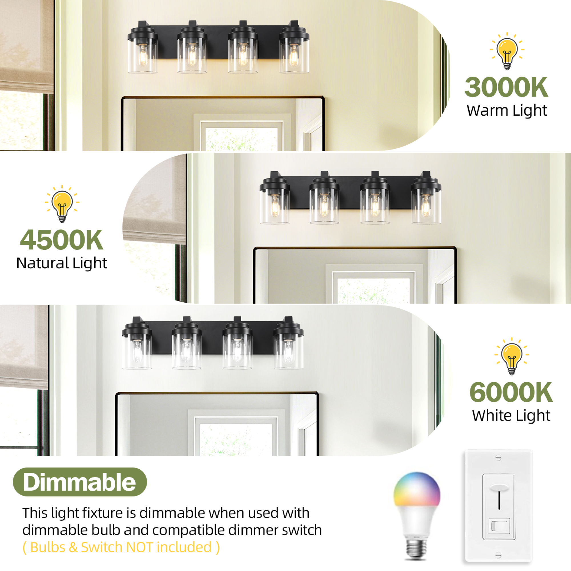 Leumius 4-Light Bathroom Light Fixtures Over Mirror Bathroom Vanity Light, Black Vanity Lights with Clear Glass Shade, Modern Bathroom Light Fixtures for Bedroom, Hallway(No Bulbs)