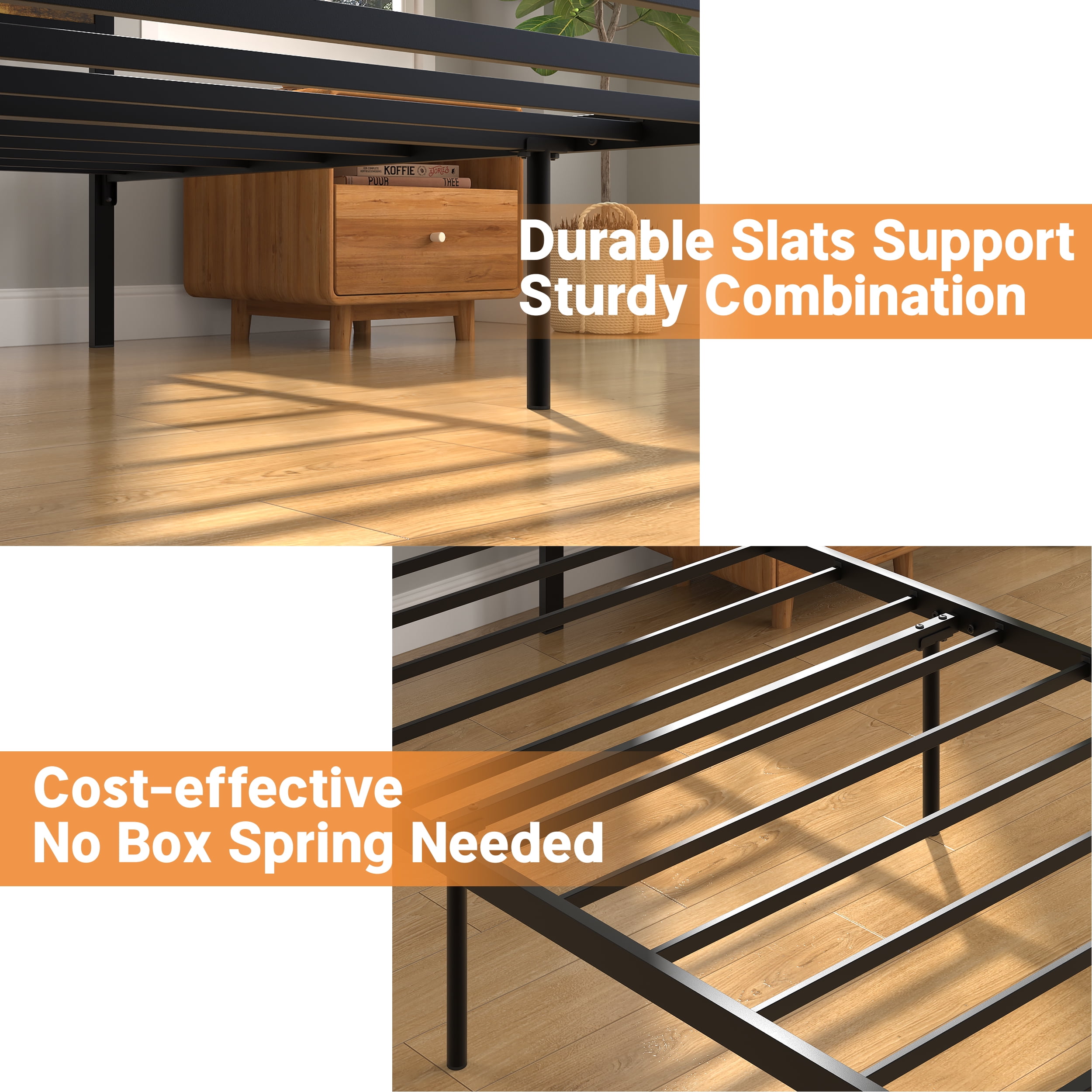 Yoneston Kids Twin Size Metal Platform Bed Frame with Storage Headboard, 12" Mattress Foundation for Childs Adults, Caramel Brown
