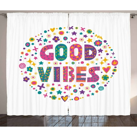 Good Vibes Curtains 2 Panels Set Word Art Theme Cute Doodle