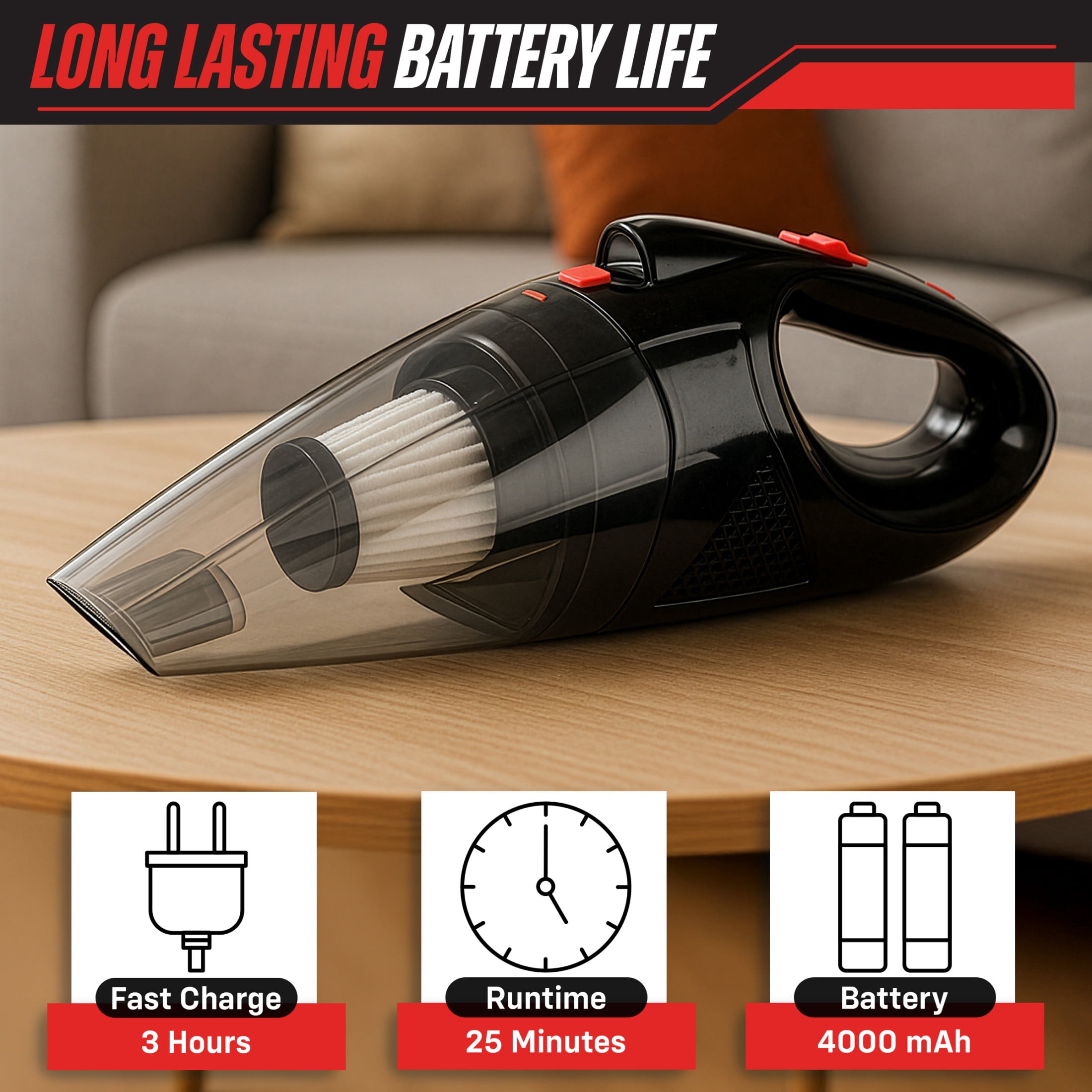 Stalwart 5,500Pa Handheld Vacuum Cordless Car Vacuum with Light, Washable Filter, and Attachments