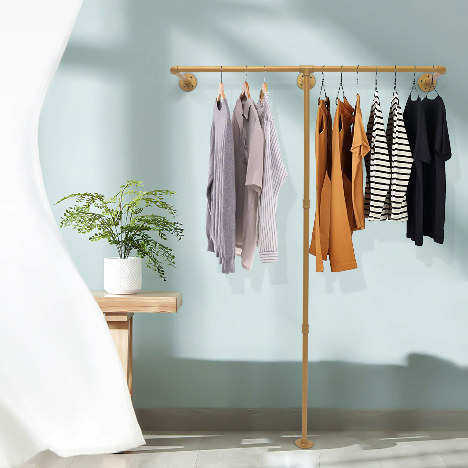 Gold Steel Pipe Clothes Rack 30kg LoadBearing 120cm Modern Wall Mount Hanger