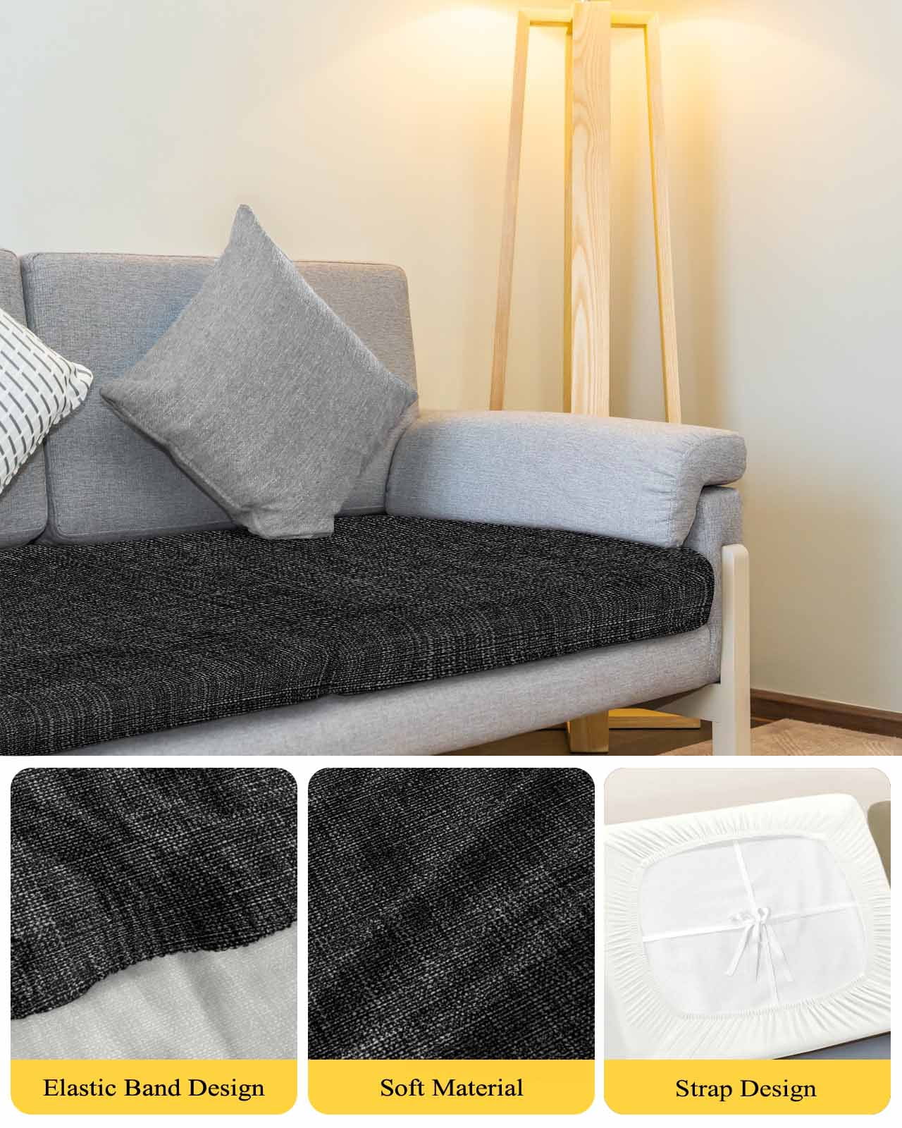 Black Burlap Texture Couch Cushion Covers Stretch, Washable Sofa Seat Covers Individual Seat Cushion Sofa Slipcovers Farmhouse Vintage Black Couch Cover Furniture Protector S-1PCS