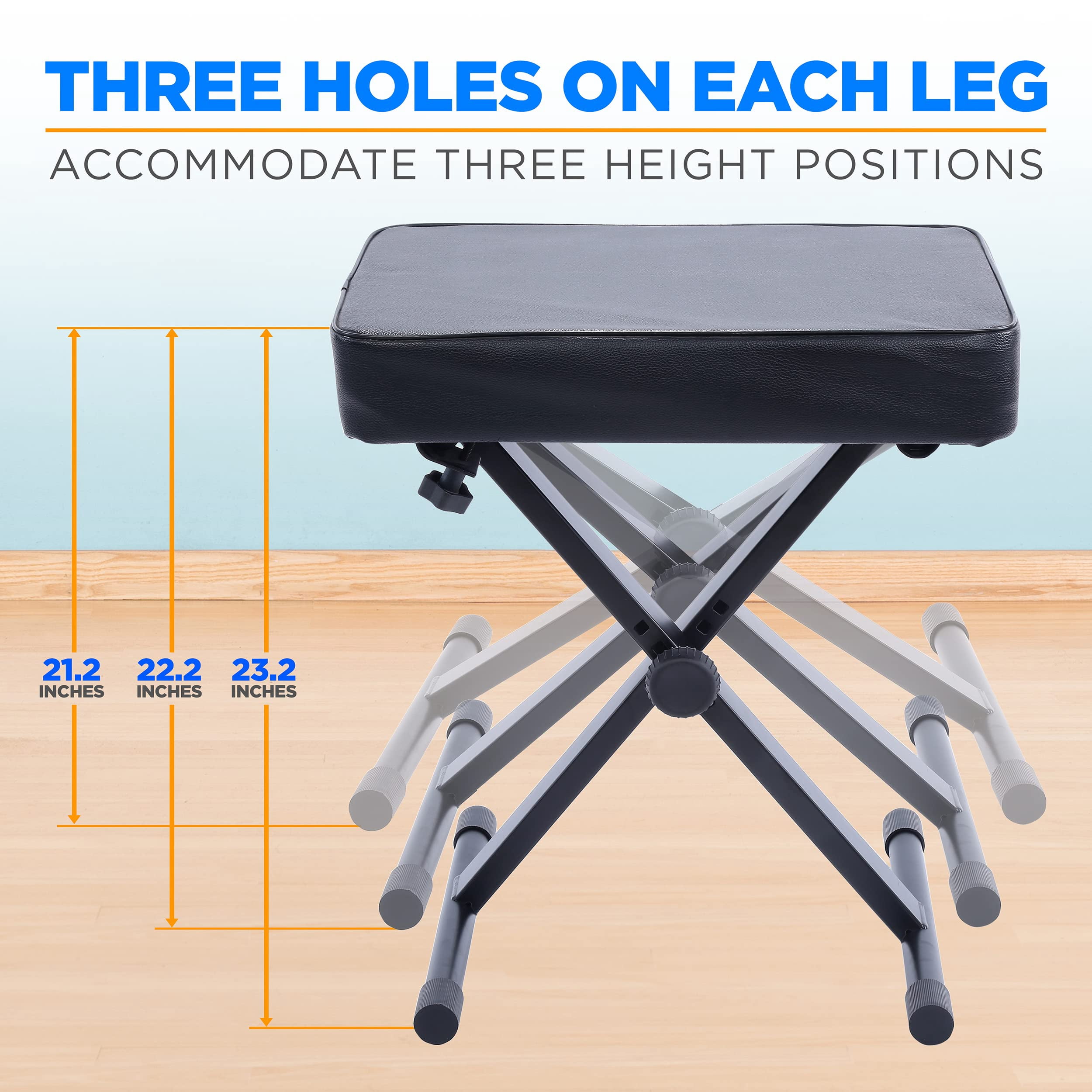 Adjustable Padded Keyboard Bench - Folding X-style W/ 3-position Height  Non-slip Rubber Feet And Thick Cushion Seat Ideal For Stand Benches
