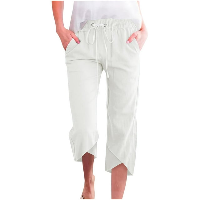 Women's 3/4 Loose Summer Pants - Lightweight Breathable Casual Linen Blend - Solid Color, Drawstring Waist, Straight Leg with Pockets