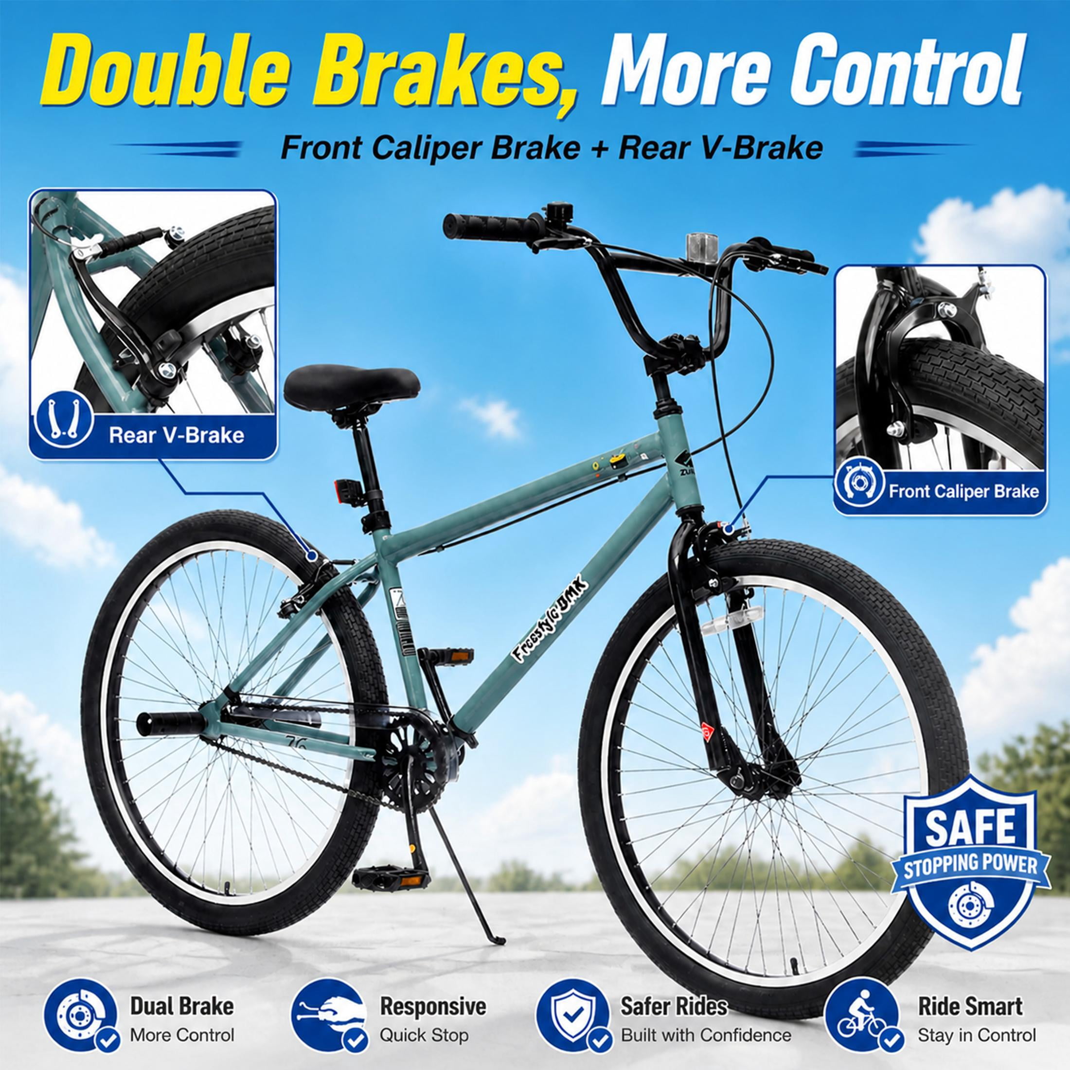 26 Inch Freestyle Bike for Teens and Adults, Single-Speed BMX Style Bicycle with 2 Pegs and High-Performance 2.35" Tires, Carbon Steel Frame Mountain Bike for Boys and Girls Ages 14+, Blue