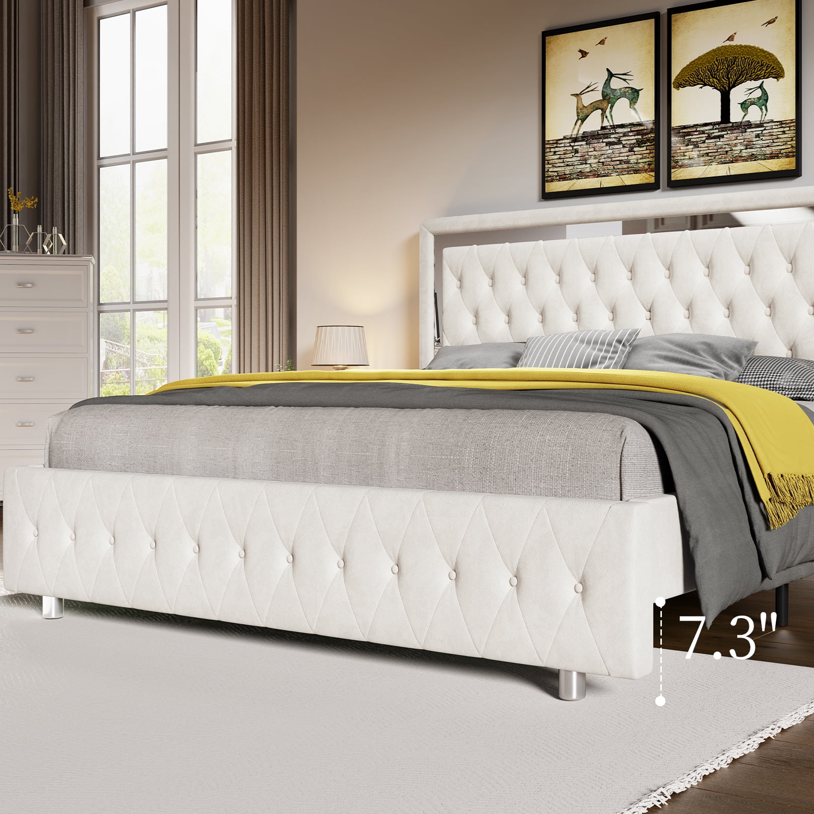 Merluxy Queen Bed Frame with Led Lights Headboard,Acrylic Mirror Accents,No Box Spring Needed,Velvet Cream