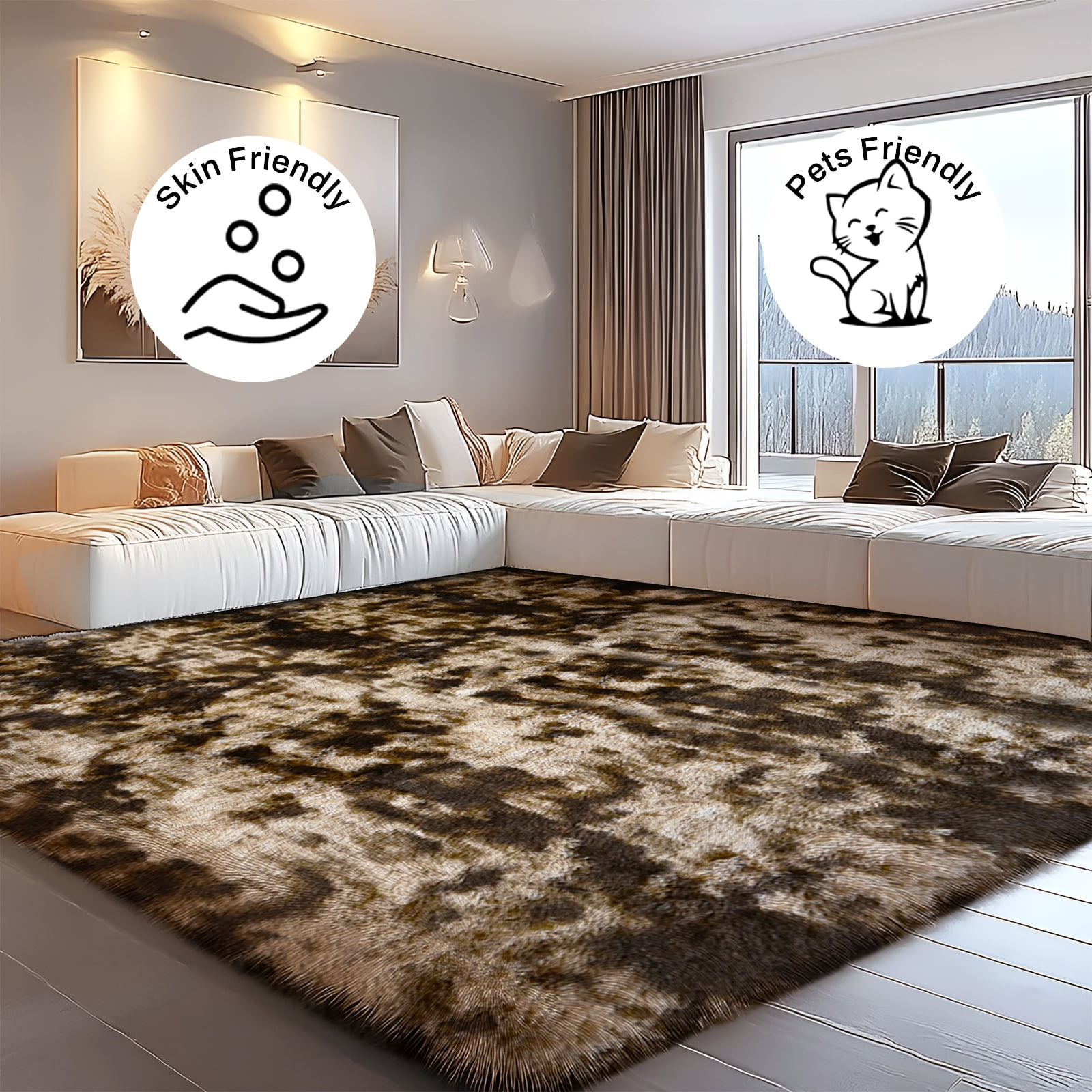 Pentantan 9’ x 12’ Shag Area Rugs, Soft Fluffy Indoor Carpet for Living Room Bedroom Decor, Tie-dyed Coffee