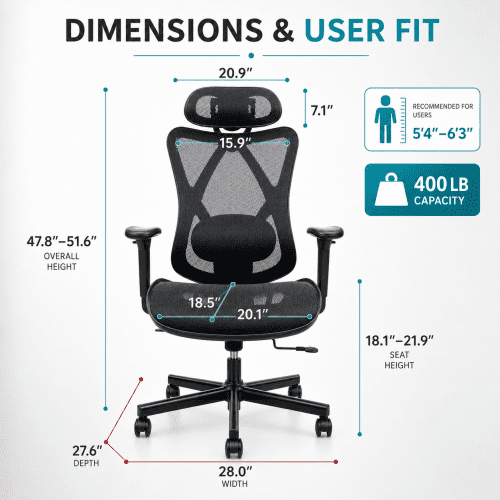 High-Back Ergonomic Office Chair with Adjustable Lumbar, Headrest & Armrests, 90-135° Tilt Lock, Quiet Casters – Home, Gaming, Computer