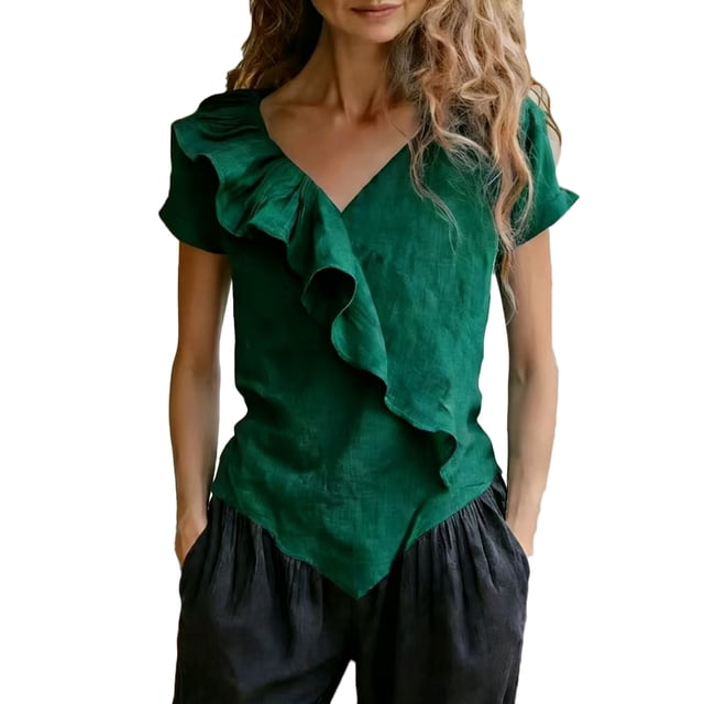 Camisetas Ligeras de Color Sólido Sedosas Casuales de Manga Corta con Cuello en V de las Mujeres de Verano para el Uso Diario de la Primavera Suelta