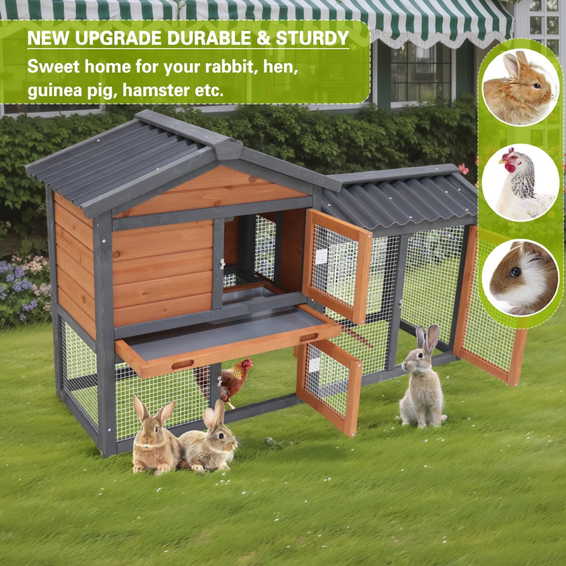 2-Story Rabbit Hutch with Run, 58" Bunny Cage with 1 Pull-Out Tray, 3 Lockable Doors and Waterproof Roof for Rabbits, Guinea Pigs, Small Pets, Grey+Red