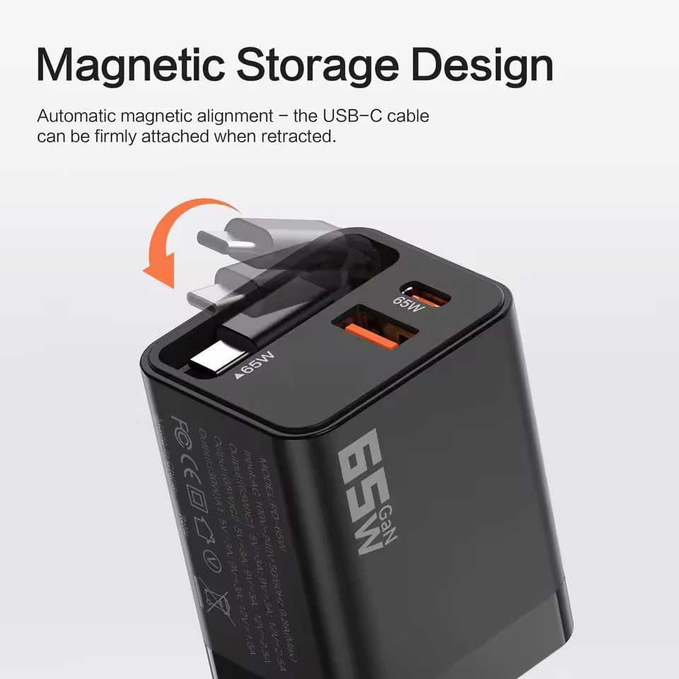 65W PD Home Charger Compatible With Motorola Moto G Power 5G (2020,2021,2022,2023,2024,2025,2026) - Fast Type-C 2ft Retractable Cable USB-C Built-in