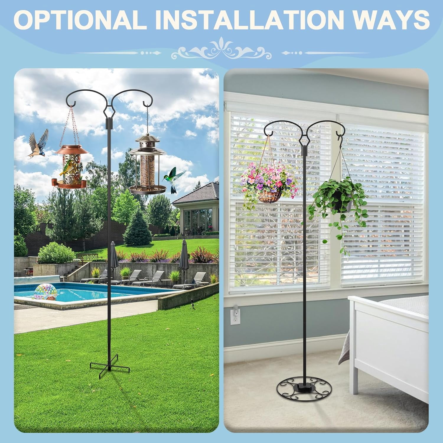 62.6 Inch Shepherds Hooks for Outdoor, Adjustbale Double Shepherds Hooks Hummingbird Feeder Stand Bird Feeder Pole Wind Chime Stand with Round Base, 4 Prongs Base and Water Weight Bag