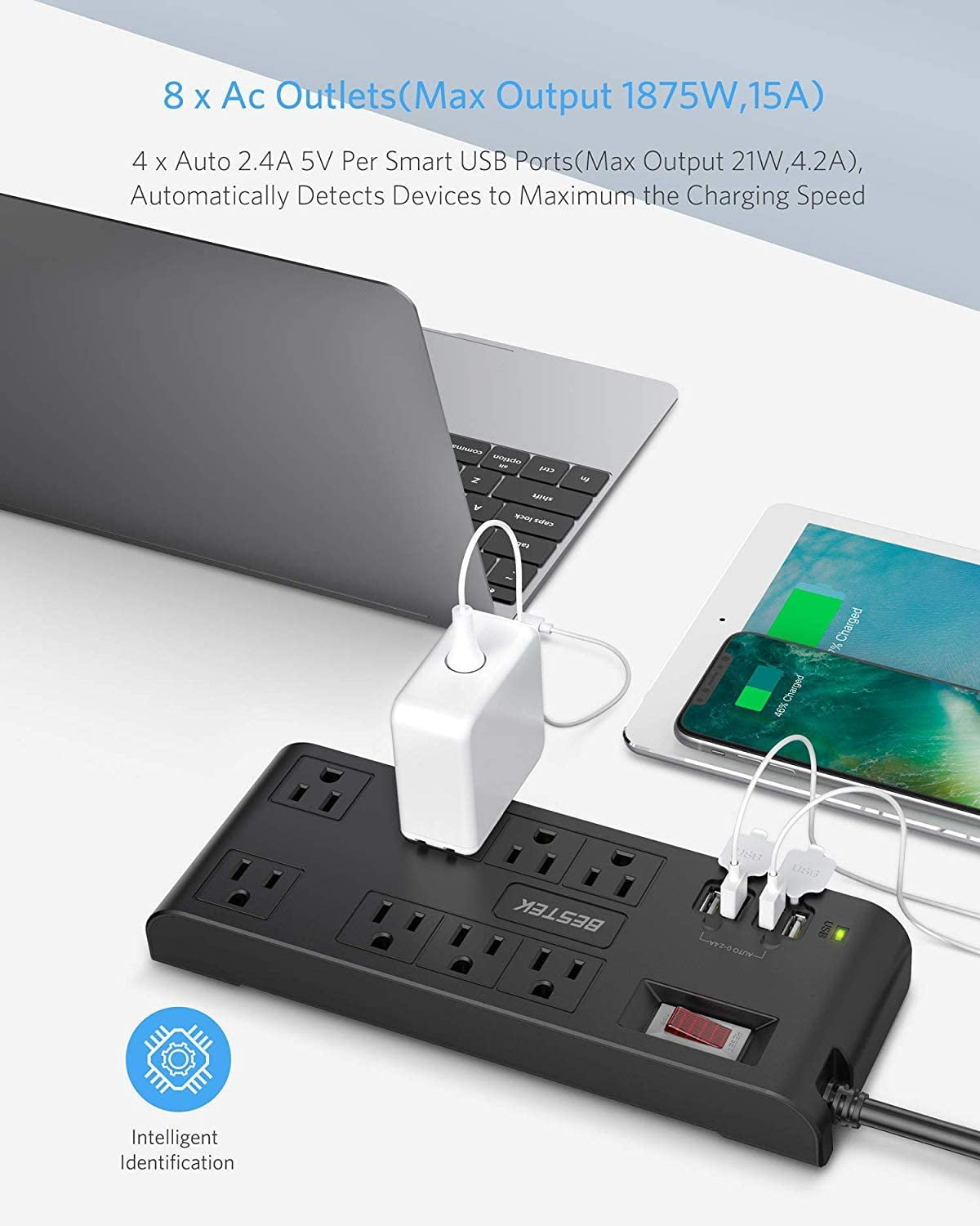 BESTEK Power Strip Surge Protector with USB, Multi Plug Outlet with 8-Outlet 3 USB-A 2.4A 1USB-C 3A and 6-Foot Long Flat Plug Extension Cord,900Joule, ETL Listed(Black)