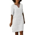thumbnail image 1 of Mini vestido estampado con cuello en V y manga media para mujer - Algodón/lino, estilo informal/vacacional, primavera/otoño, lavado a mano/a máquina con programa delicado, tallas asiáticas reales, 1 of 4