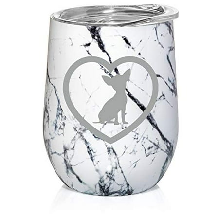 

12 oz Double Wall Vacuum Insulated Stainless Steel Marble Stemless Wine Tumbler Glass Coffee Travel Mug With Lid Chihuahua Heart (Black White Marble)