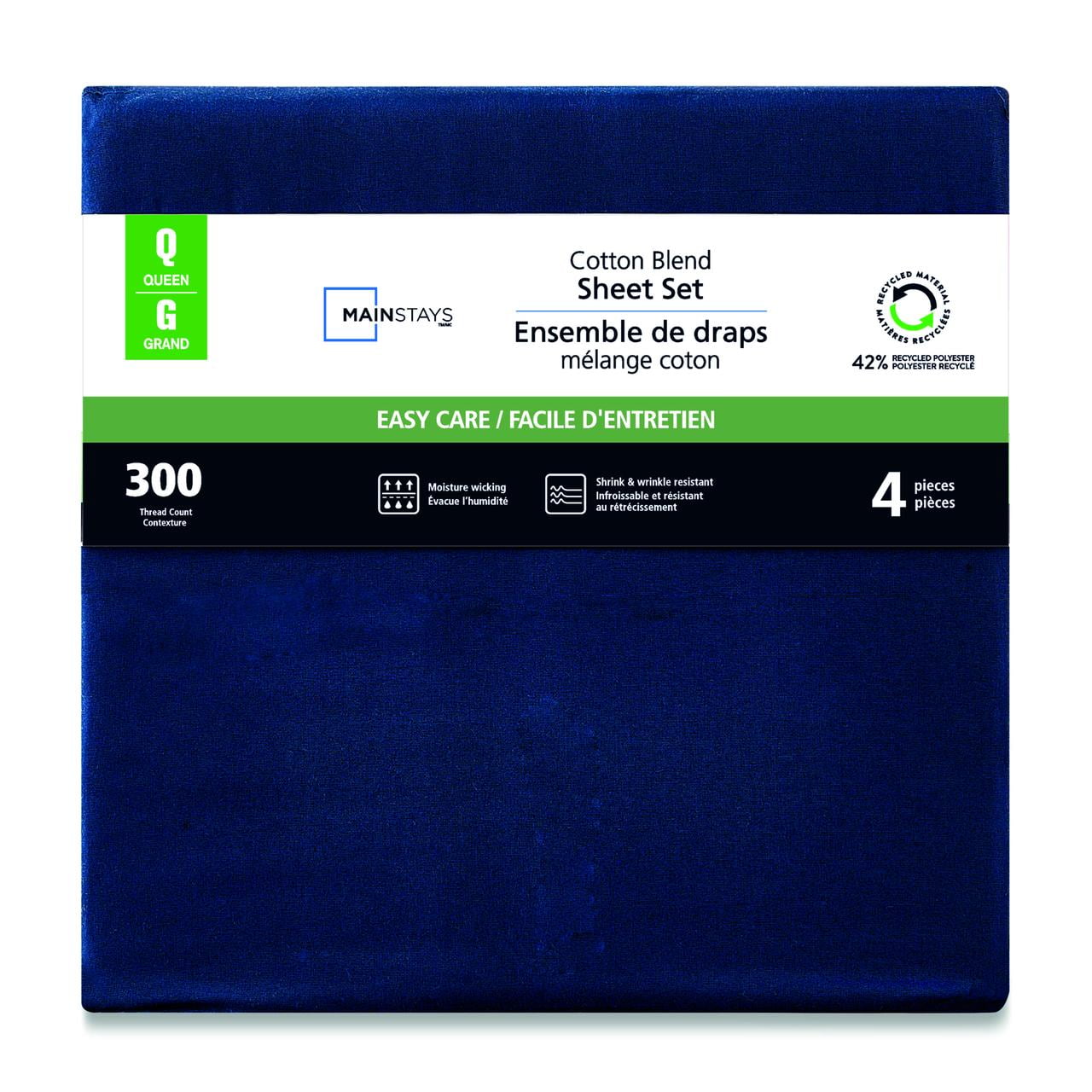 Parure de lit 4 pièces Mainstays en mélange de coton CVC bleu 300 fils, très grand lit (adulte)