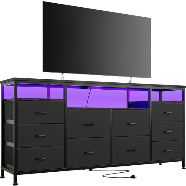 Cómoda Moderna de 10 Cajones para Entrada o Salón, Consola Recibidor con LED, Tomas de Corriente, Gran Capacidad y Soporte para TV 65-75 Pulgadas – Acabado en cuero negro