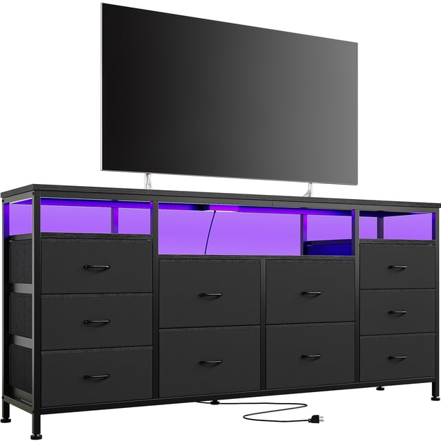 TV Stand with 10 Fabric Drawers for 65 70 75 Inches TV, 63" W Entertainment Center TV Console Table with LED Lights & Power Outlets & Open Storage Shelves
