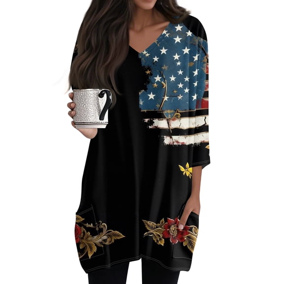 Womens Tops V-neck 3/4 Sleeve Blouses Casual Mid-length Shirts Fashion Print Tunic Tops With Pockets Black L