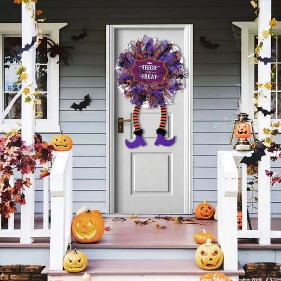 Halloween Wreath with Witch Legs,Purple Door Hanging Garland Front Door Wall Decorations Witch Garland