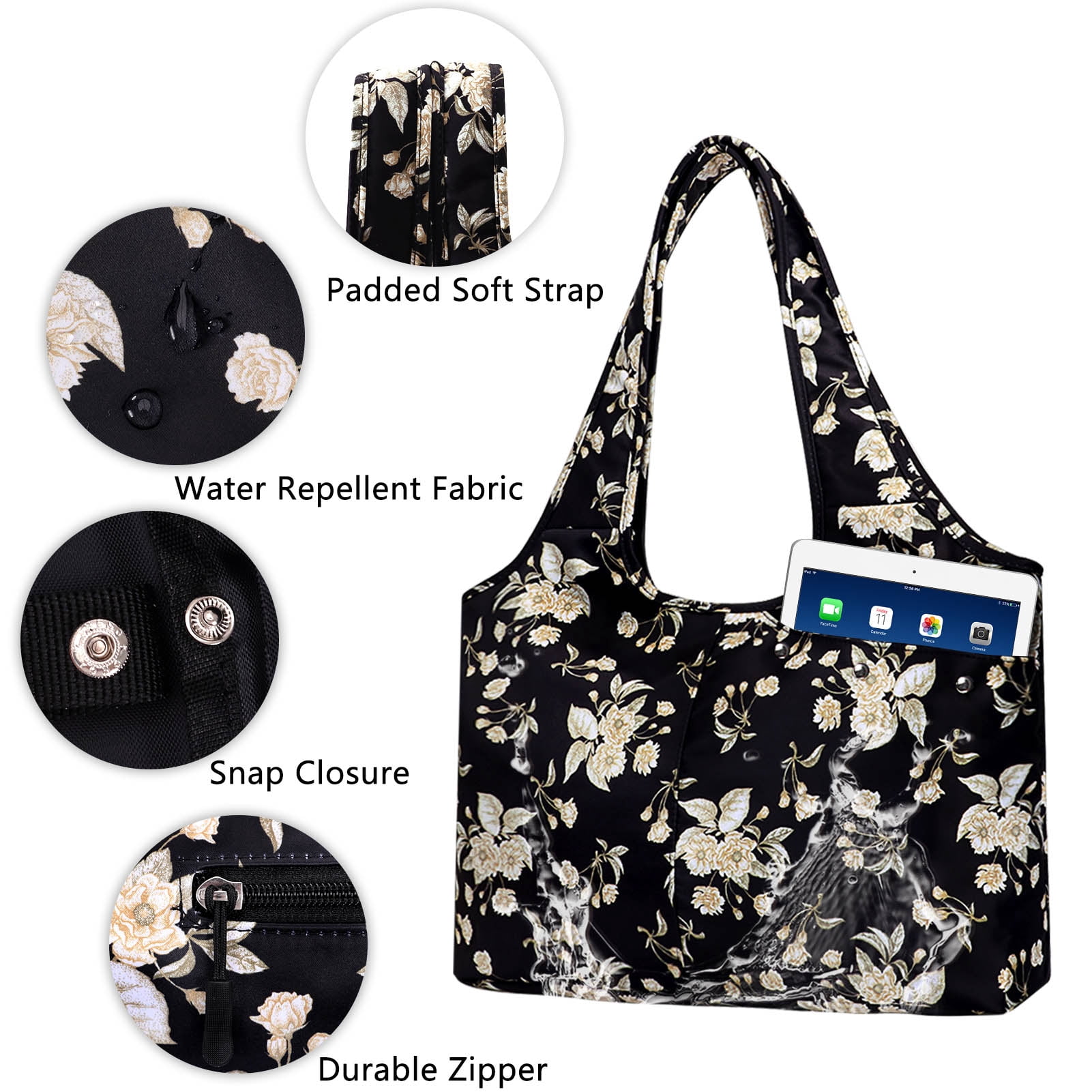 HAWEE Floral Tote Bags for Women Zipper Closure Utility Work Shoulder Bag with Laptop Sleeve Wet Umbrella Pocket, Beige Flower