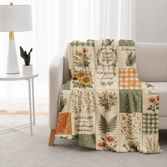 Rdsfhsp Farmhouse Patchwork Flannel Fleece Blanket, Botanical Rustic Throw Blanket, Soft Cozy Warm Blanket for Bedroom Sofa Couch Home Decor 60"x50"