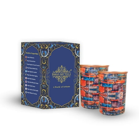 

Indian Art Villa Pure Copper Printed Glass with Summer Marble Print Design Serveware & Drinkware Volume-10 Oz Set of 2