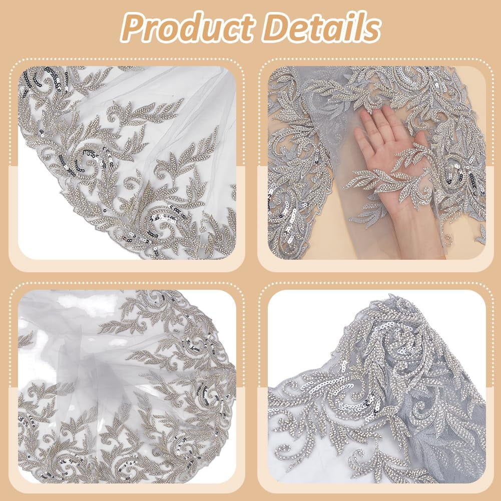 2 Yards Silvery 3D Lace Applique Width 13.6 Inch Floral Lace Rhinestone Beaded Sewing Fabric Applique Decor for DIY Sewing Clothing Flowers Applique Embroidery Patches Fabric for Wedding Dress