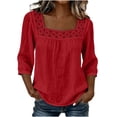 thumbnail image 2 of ClodeEU Women's Square Neck 3/4 Sleeve Blouse,Casual Lace Trim Top with Pleated for Summer Red,Women's Plus L, 2 of 5