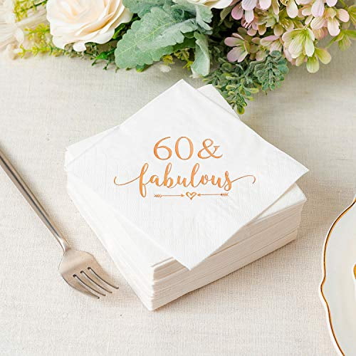 3-Ply Crisky 60th Birthday Cocktail Napkins Rose Gold for Women 60th Birthday Party Decorations for Cake Dessert Berverage Table 60th Birthday Party Supplies,50 Pcs Disposable Napkins 