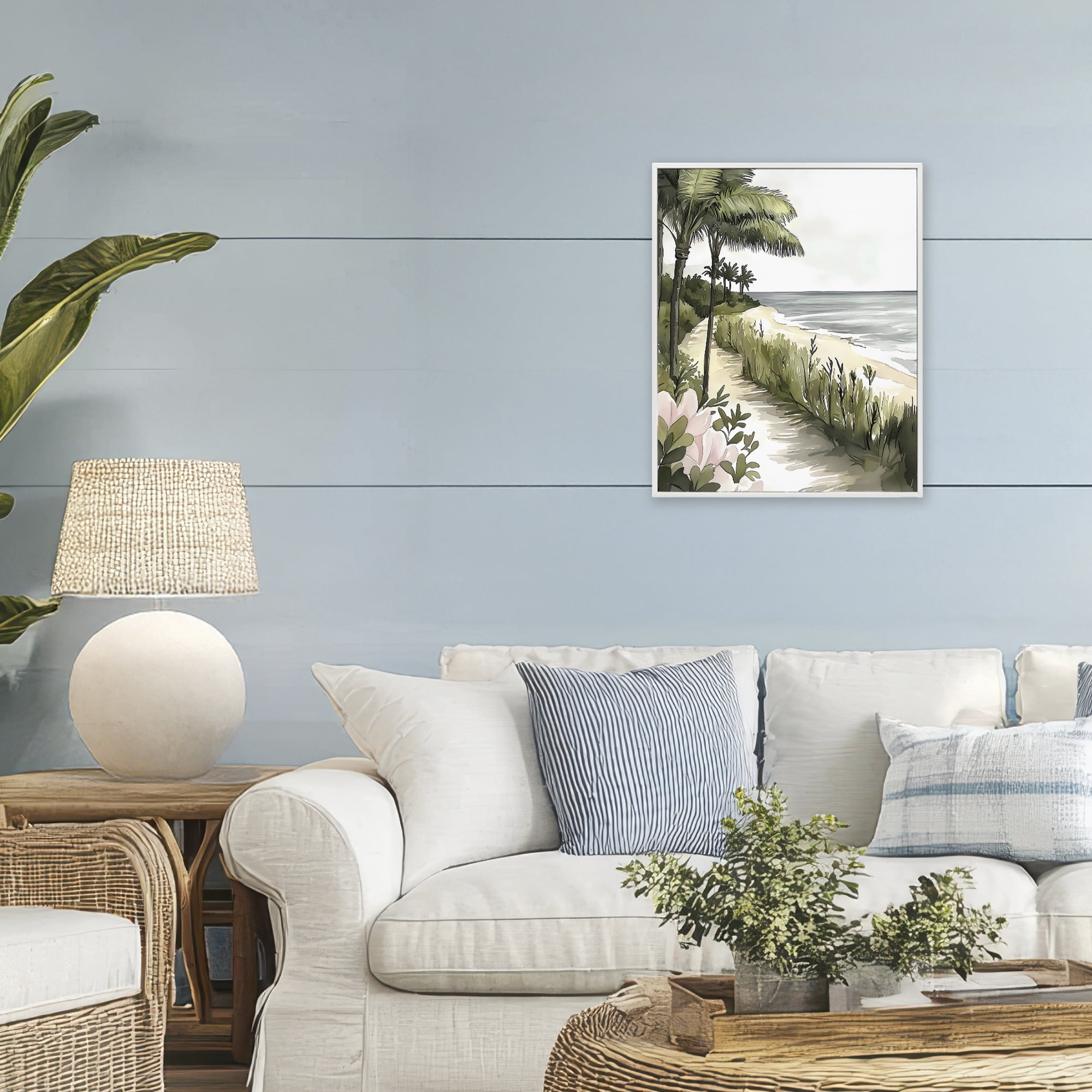 Stupell Industries Coastal Calm Palm Tree Pathway White Framed Giclee Art, design by Riley B