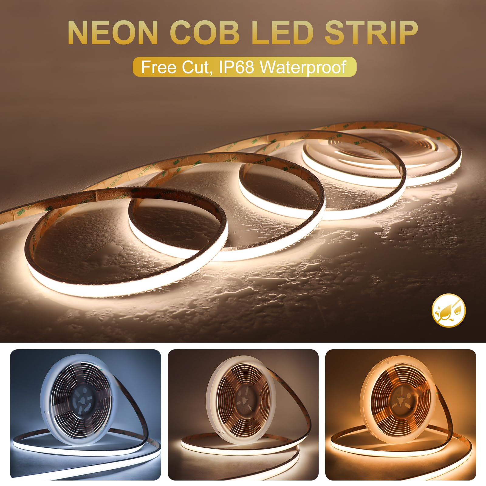 Free Cuttable COB LED Neon Strip Light Waterproof IP68, 12V 16.4ft 3000K Silicone Flexible DIY LED Tape Light for Outdoor Bathroom Swimming Pool Decoration (Without Power Supply)