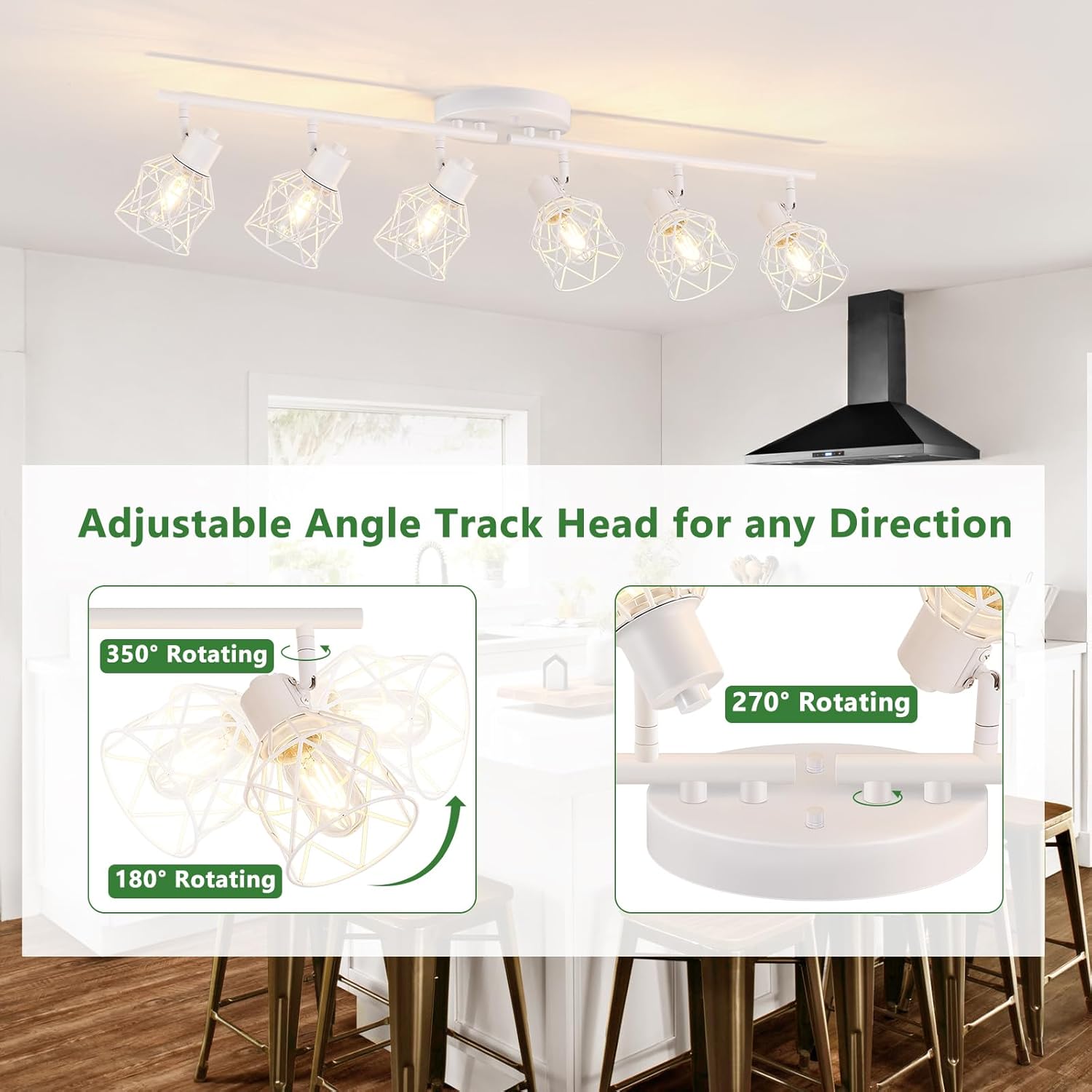 6-Lights Track Lighting Fixtures White Semi Flush Mount Ceiling Light with Metal Cage Kitchen Track Lighting Fixtures Ceiling Rotatable Close to Ceiling lamp for Entryway, Living Room, Hallw