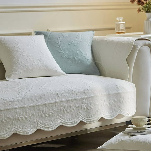 XmhyTop-A Cotton Couch Cover 90*90cm White Quilted Sofa Cover, Non Slip Sofa Slipcover with Floral Embroidery, 1 Piece Sofa Slipcovers