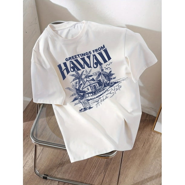 Girls' Casual Greetings From Hawaii Letter Print Soft Comfortable T-Shirt With Crew Neck