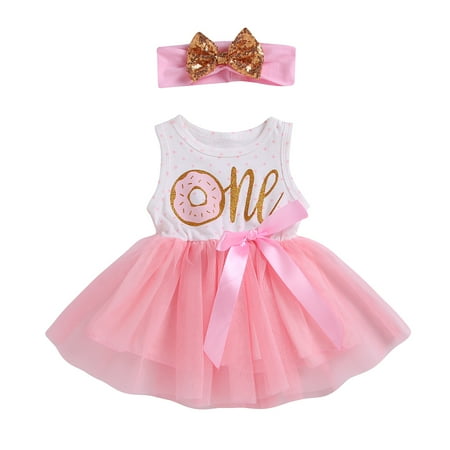 

Princess Toddler Baby Girl Tutu Birthday Dress Headband 2Pcs Donut Print First Second Third Dress