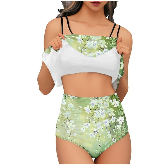 Generic Women Plus Size Two Piece Bikini Sets High Waisted Tummy Control Swimsuits Floral Double Strap Bathing Suit