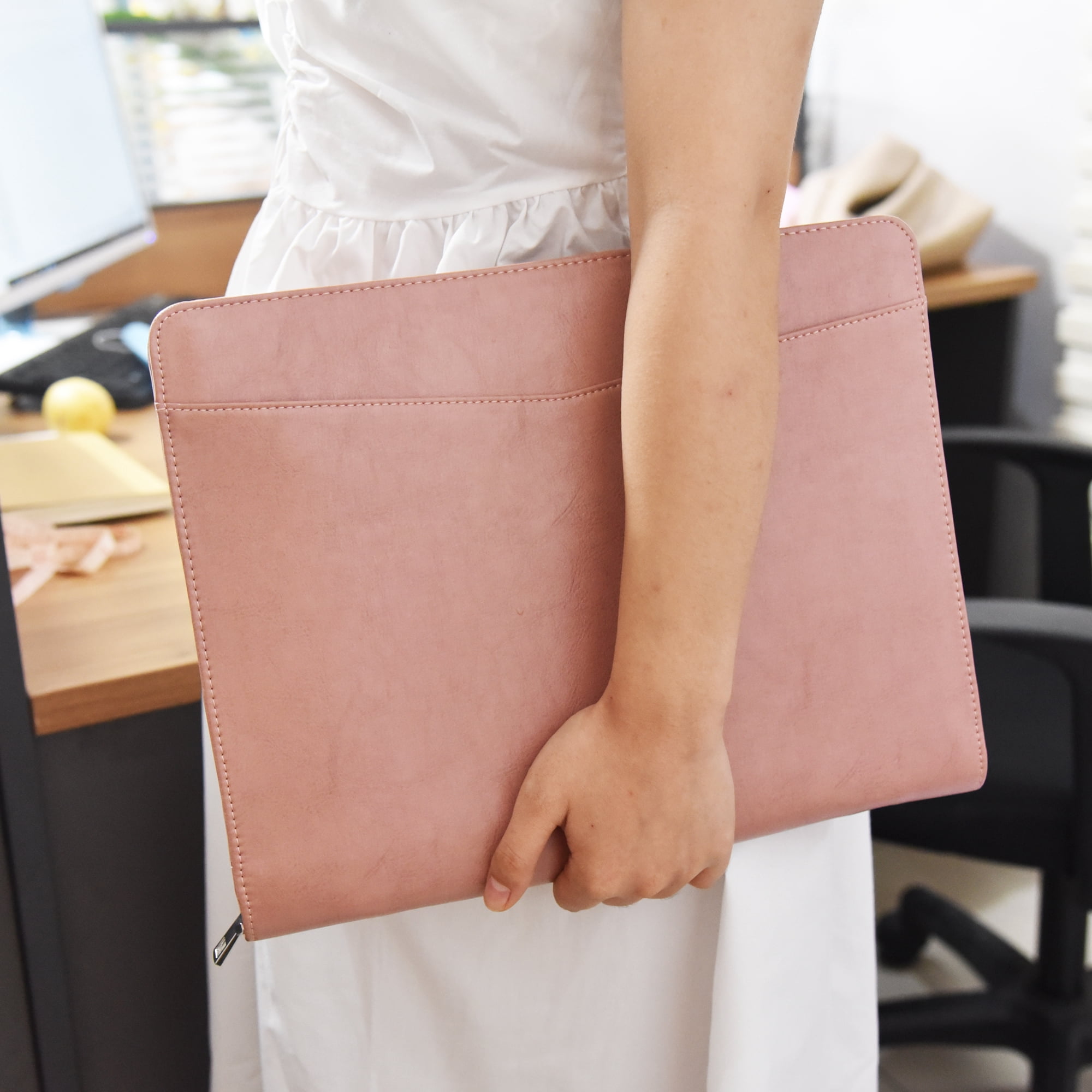 LeatherBelief Vegan Leather Padfolio with Zipper, Professional Business Portfolio with A4/US Letter Writing Pad for Interview, Pink Leather Portfolio for Women, Pink