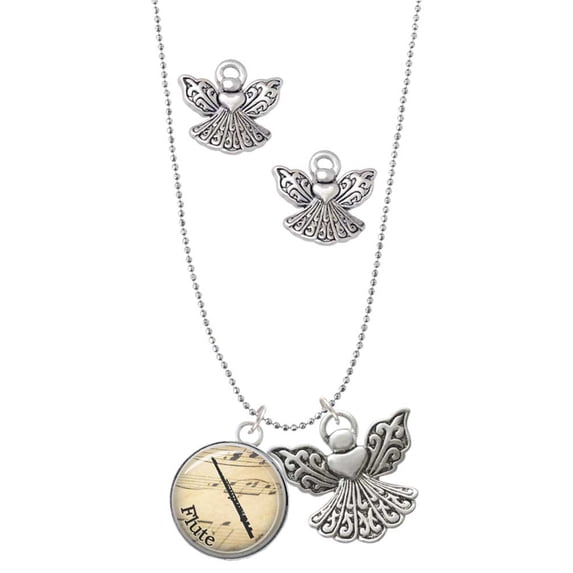 Delight Jewelry Silvertone Domed Music - Flute Silver tone Guardian Angel Charm Necklace and Stud Earrings