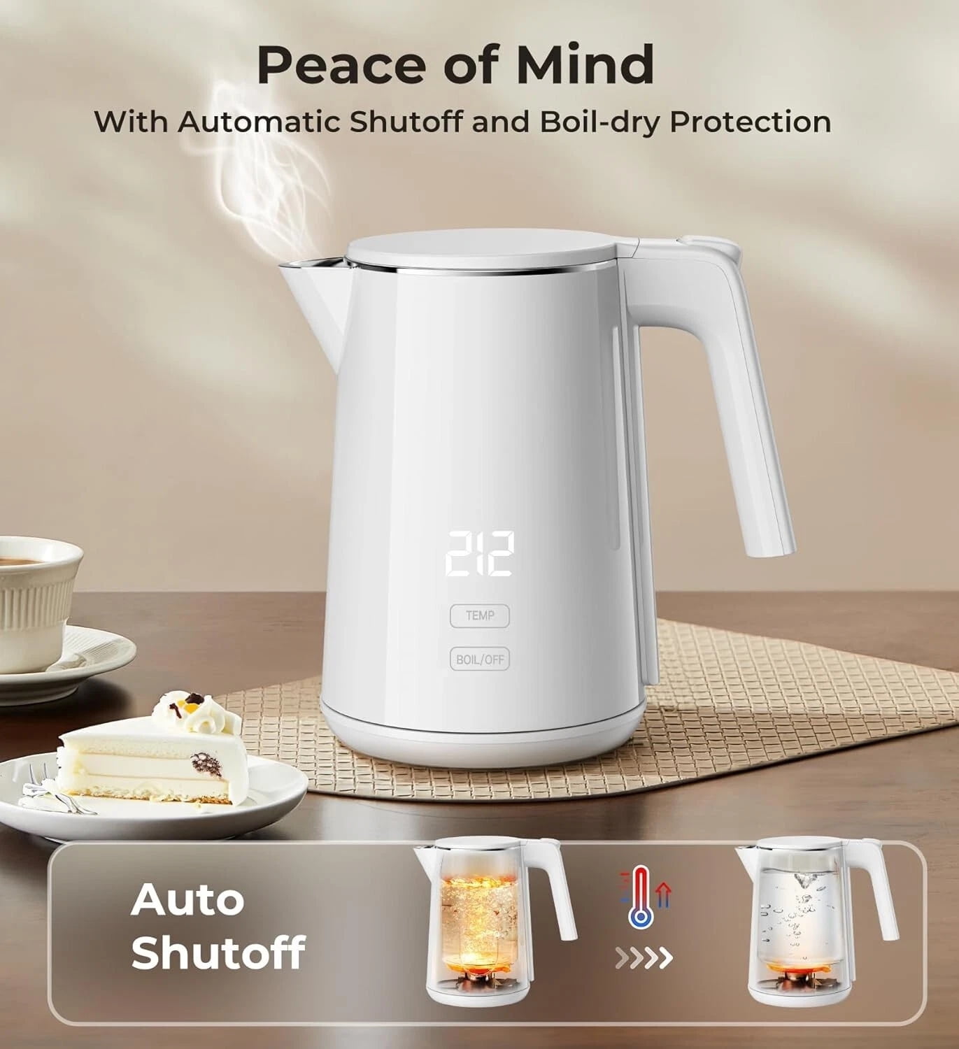 Electric Kettle 1.0L | 7 Temp Control, Cool Touch, Keep Warm, Auto Shut-Off-WHITE